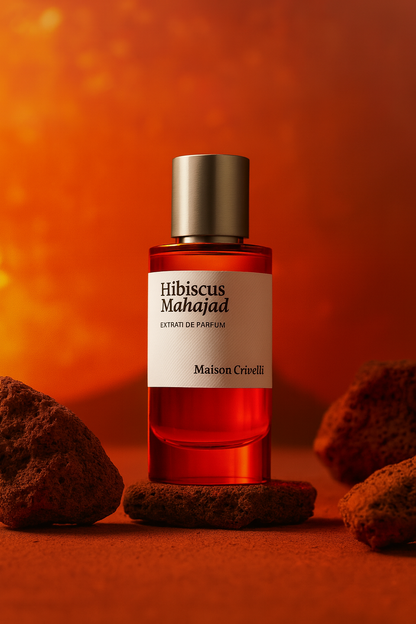 Maison Crivelli Hibiscus Mahajád Extrait de Parfum bottle on volcanic rocks with warm orange background.