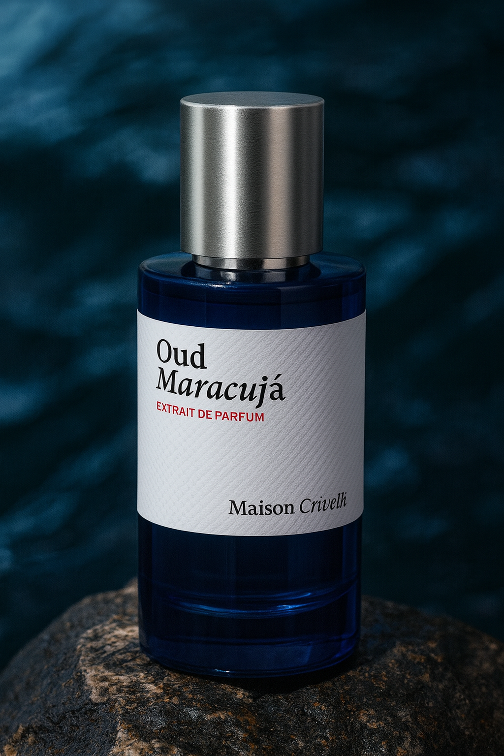 Maison Crivelli Oud Maracuja Extrait de Parfum bottle on a rock with deep blue ocean background
