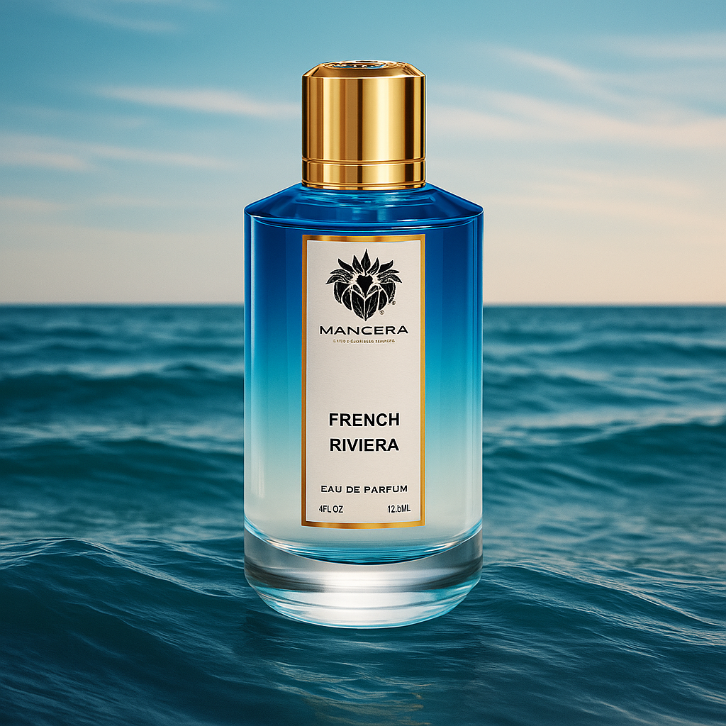 Mancera French Riviera Eau de Parfum bottle on ocean background – luxury summer niche fragrance sample for men