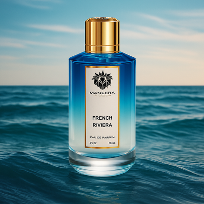 Mancera French Riviera Eau de Parfum bottle on ocean background – luxury summer niche fragrance sample for men
