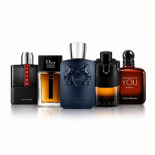 Men's After Dark Discovery Set featuring Parfums de Marly Layton, Dior Homme Intense, Prada Luna Rossa Carbon Eau de Parfum, Azzaro The Most Wanted Parfum, and Emporio Armani Stronger With You Parfum displayed on a clean white background