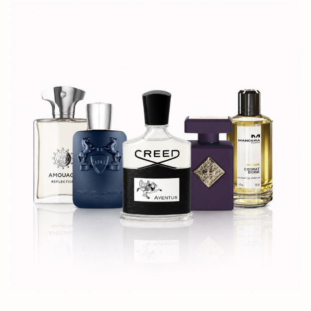 Luxury Niche Fragrance Discovery Set for Men featuring Creed Aventus, Parfums de Marly Layton, Initio Side Effect, Mancera Intense Cedrat Boise, and Amouage Reflection Man Eau de Parfum luxury fragrance sample pack