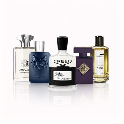 Luxury Niche Fragrance Discovery Set for Men featuring Creed Aventus, Parfums de Marly Layton, Initio Side Effect, Mancera Intense Cedrat Boise, and Amouage Reflection Man Eau de Parfum luxury fragrance sample pack