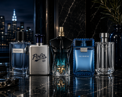 Men's Fresh Discovery Set featuring YSL Y EDT, Polo 67 Eau de Parfum Extreme, JPG Le Beau Le Parfum, Versace Man Eau Fraîche EDT, and Prada L'Homme EDT displayed together in a luxury modern interior with dark marble, city skyline, and premium designer fragrance aesthetic