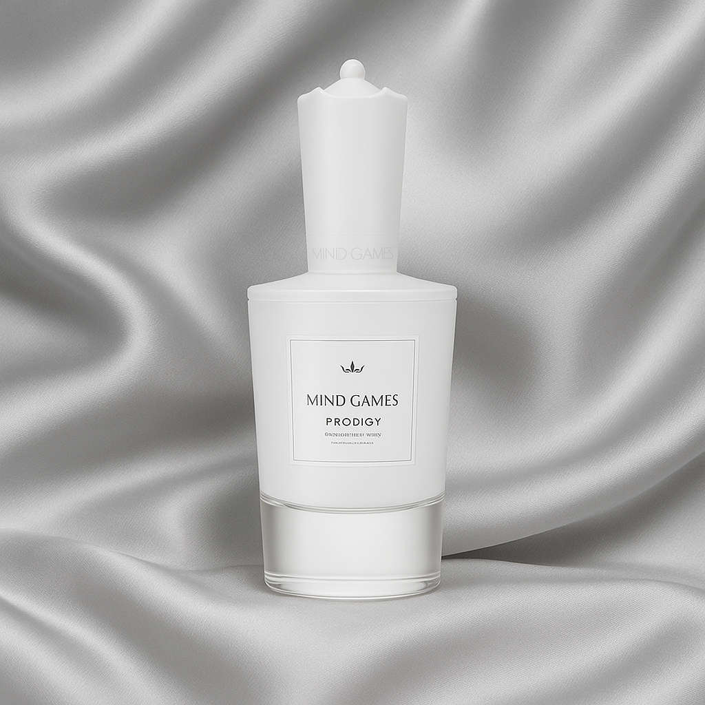 Mind Games Prodigy fragrance bottle on silver satin background – niche luxury perfume sample