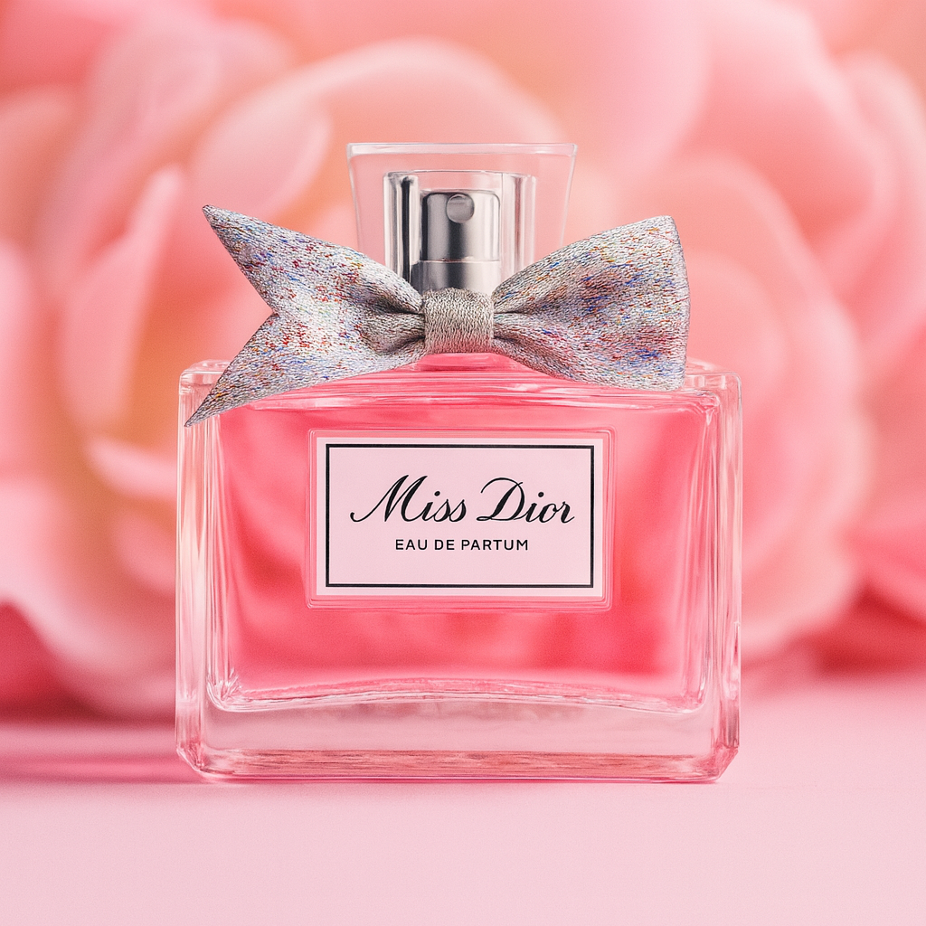 Miss Dior Eau de Parfum pink perfume bottle with silver fabric bow displayed against pink flower petals background