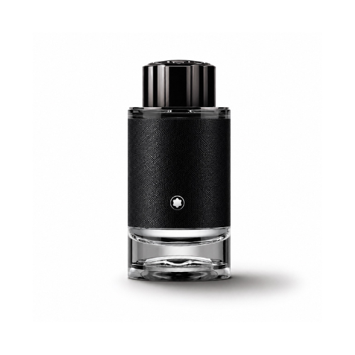 Montblanc Explorer Eau de Parfum men's fragrance bottle on white background with black textured leather design