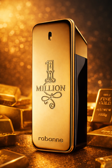 Paco Rabanne One Million Eau de Toilette gold bar bottle with luxury gold background and bars