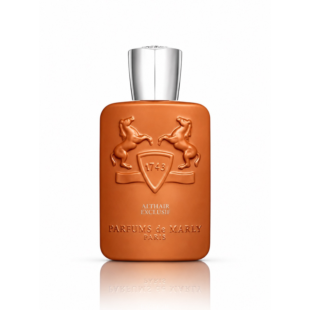 Parfums de Marly Althaïr Exclusif Eau de Parfum men's fragrance bottle in matte burnt orange with silver cap, embossed horse emblem and 1743 crest on white background