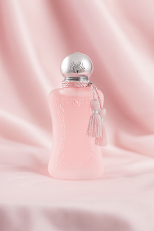 Parfums de Marly Delina La Rosée perfume bottle on soft pink satin background
