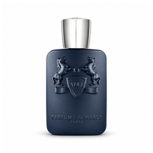 Parfums de Marly Layton Eau de Parfum men's fragrance bottle with matte navy blue finish, embossed horse emblem and silver cap on white background