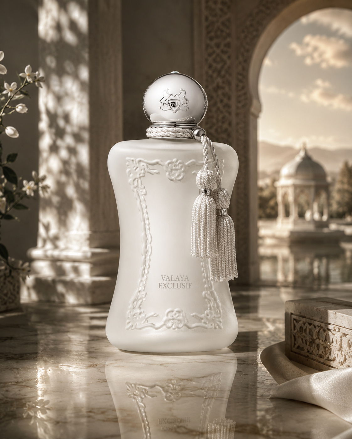 Parfums de Marly Valaya Exclusif luxury fragrance displayed in an elegant palace-inspired setting with marble architecture, soft natural light, and refined floral ambiance