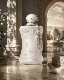 Parfums de Marly Valaya Exclusif luxury fragrance displayed in an elegant palace-inspired setting with marble architecture, soft natural light, and refined floral ambiance