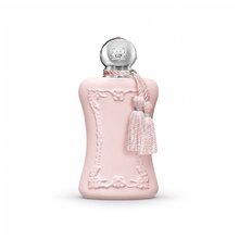 Parfums de Marly Delina Eau de Parfum women's perfume bottle with matte pink finish, silver cap and signature pink tassels on white background