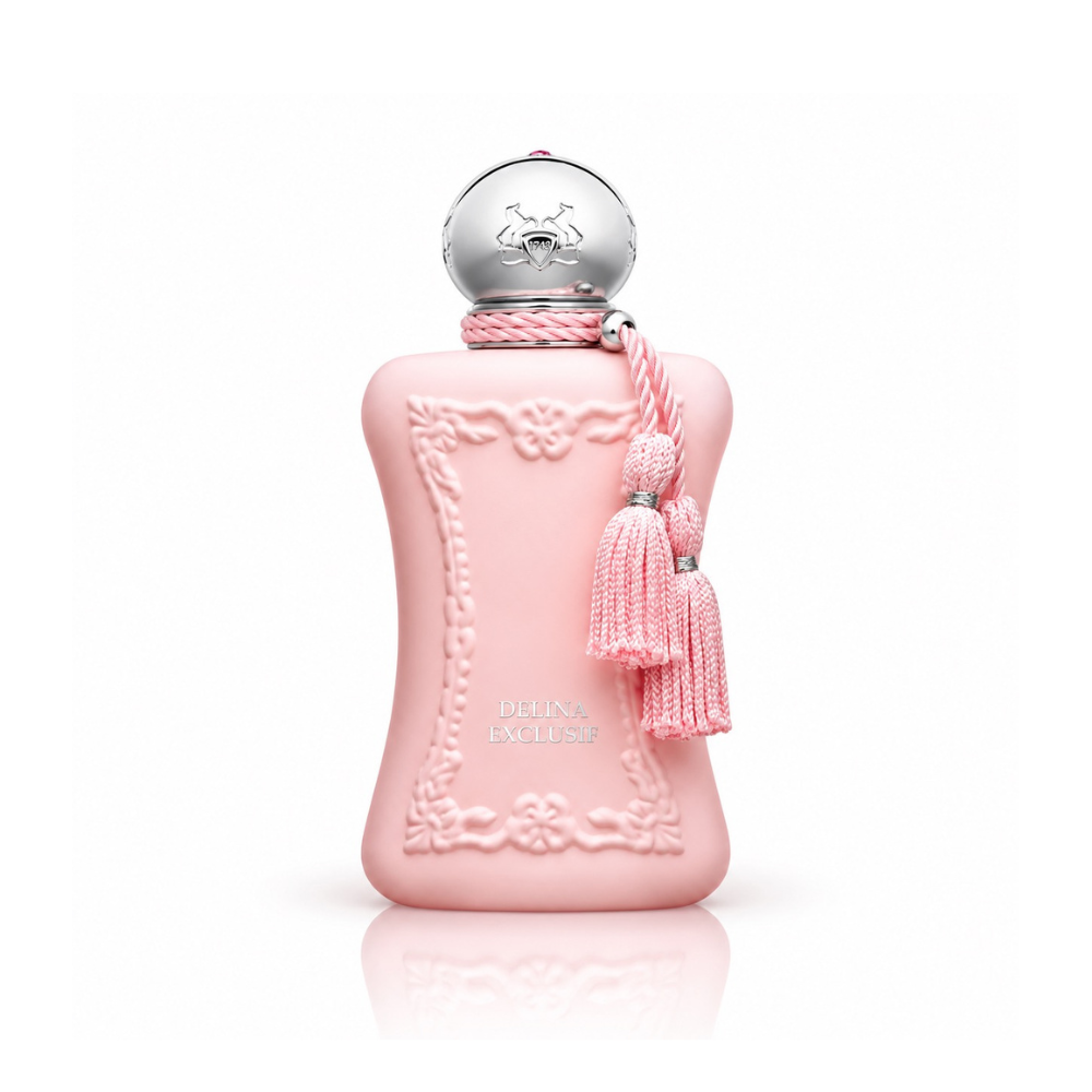 Parfums de Marly Delina Exclusif Eau de Parfum women's fragrance bottle with pastel pink finish, silver cap, embossed floral details and pink tassels on white background