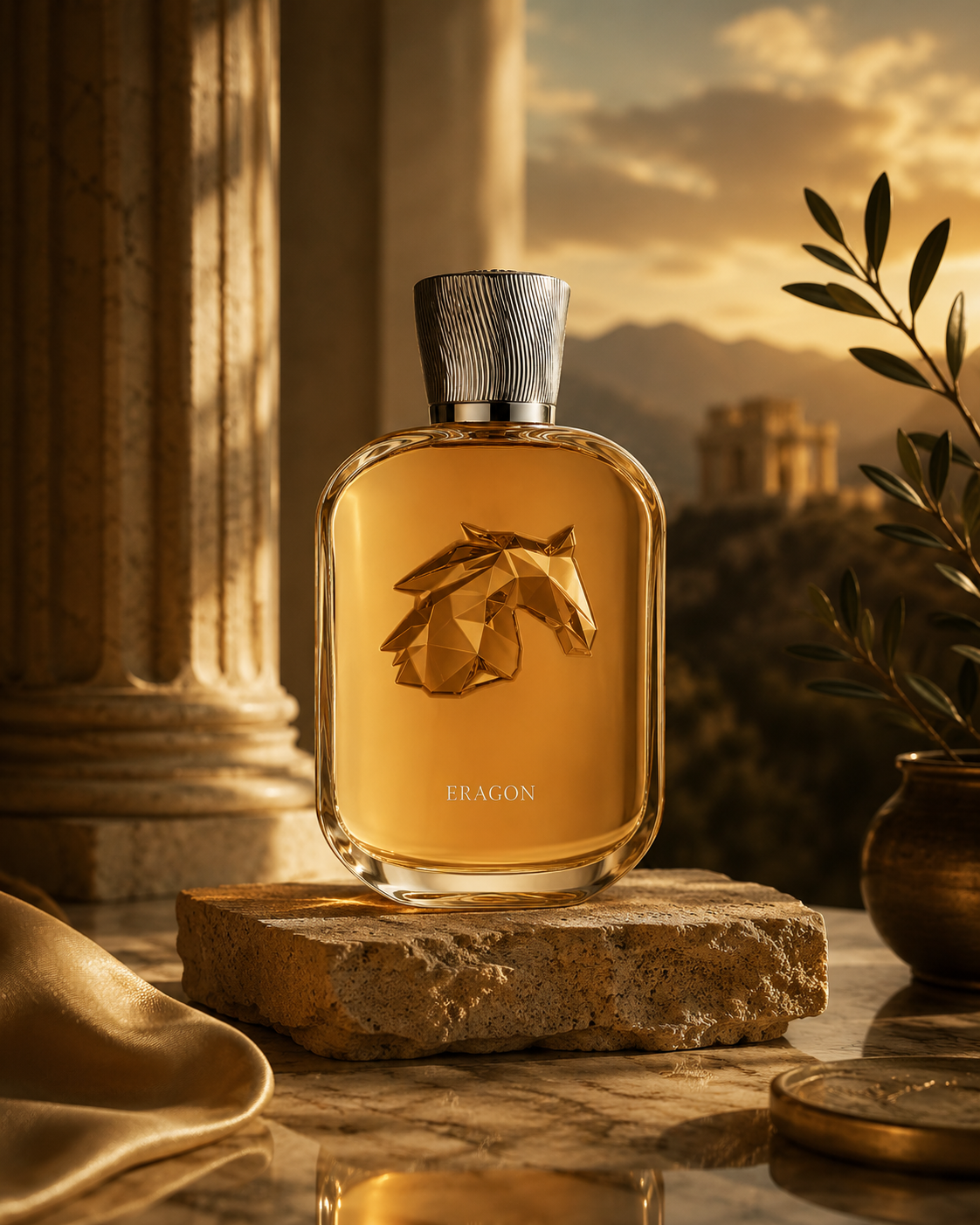 Parfums de Marly Eragon luxury spicy amber fragrance featuring bergamot, cinnamon, leather, vanilla, and patchouli displayed in an elegant palace-inspired setting
