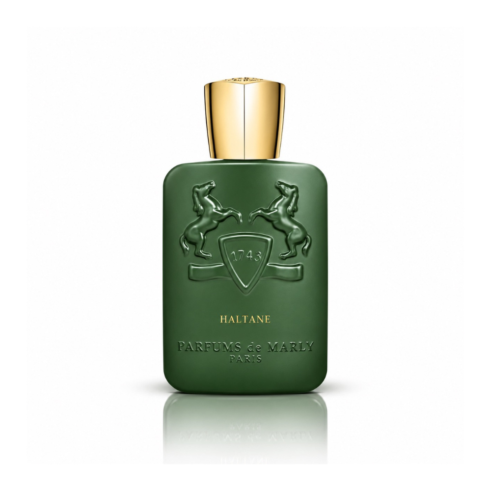 Parfums de Marly Haltane Eau de Parfum men's fragrance bottle with matte forest green finish, gold cap and embossed horse emblem on white background