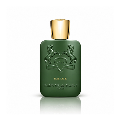 Parfums de Marly Haltane Eau de Parfum men's fragrance bottle with matte forest green finish, gold cap and embossed horse emblem on white background