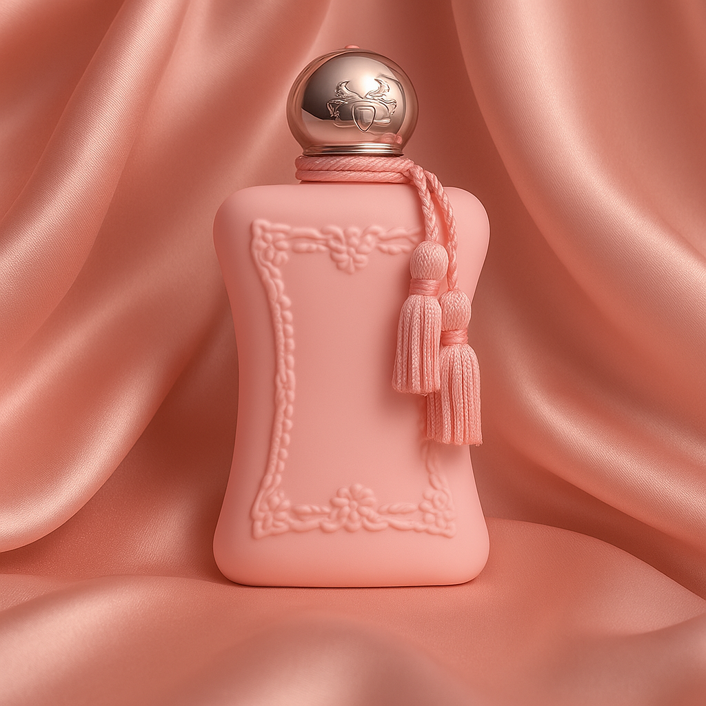 Parfums de Marly Delina sample bottle on luxurious pink satin background