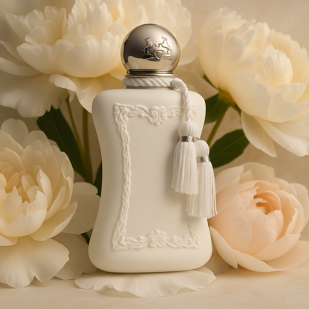 Parfums de Marly Valaya perfume bottle surrounded by soft white peonies on a cream background