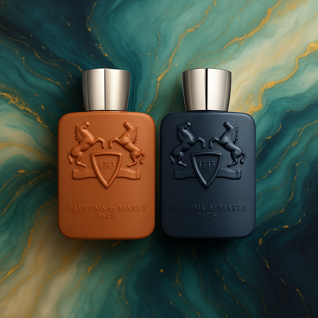 Parfums de Marly Althair and Layton bottles on an elegant teal background
