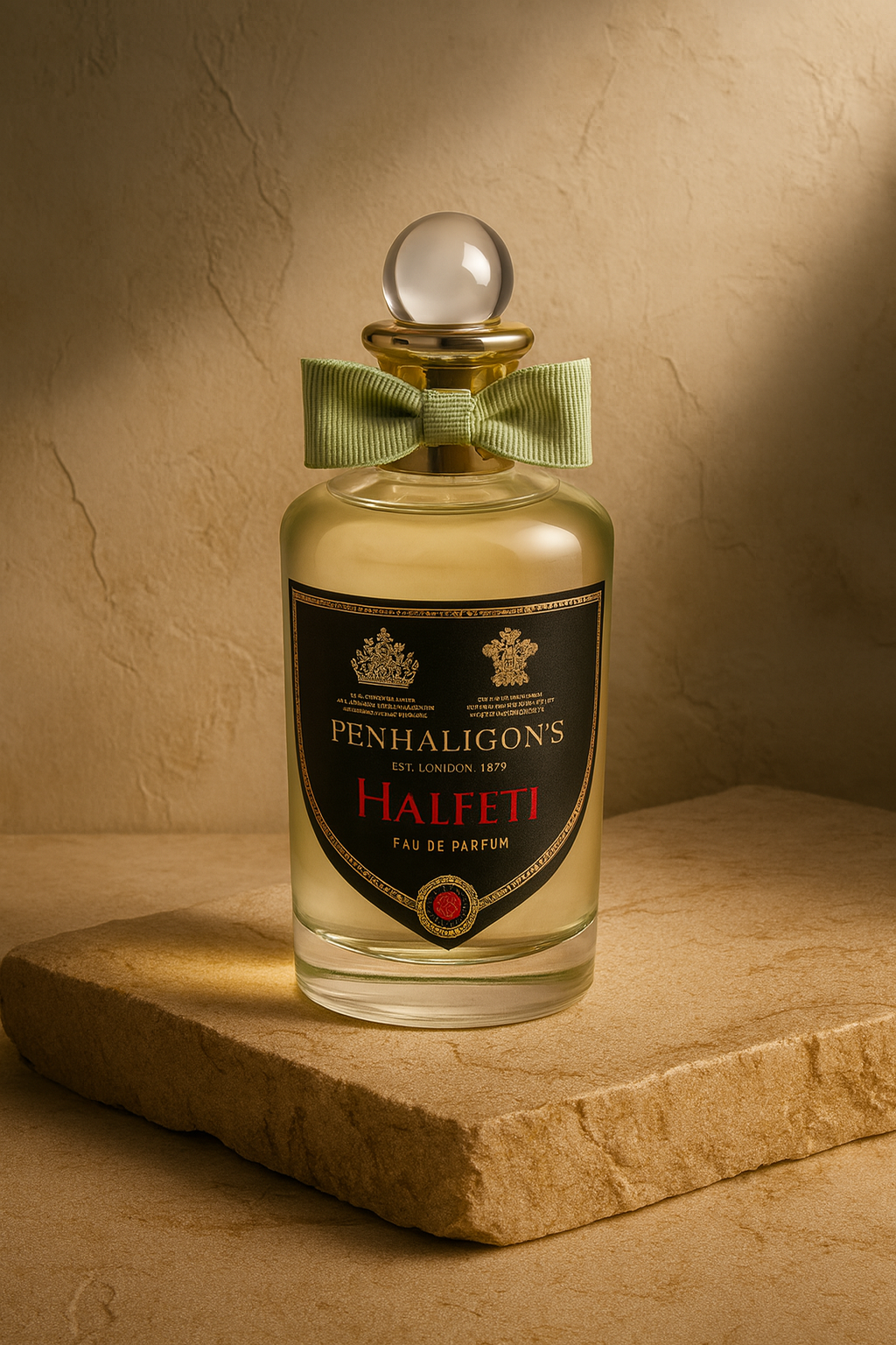 Penhaligon's Halfeti Eau de Parfum bottle standing on textured stone with warm ambient lighting