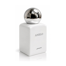Pernoire Anelo Extrait de Parfum luxury unisex perfume bottle featuring a glossy white rectangular design, reflective silver spherical cap and minimalist lettering on a white background