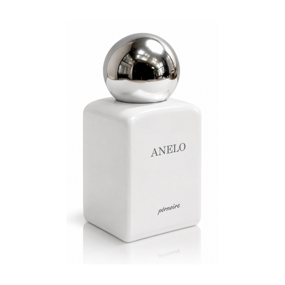 Pernoire Anelo Extrait de Parfum luxury unisex perfume bottle featuring a glossy white rectangular design, reflective silver spherical cap and minimalist lettering on a white background