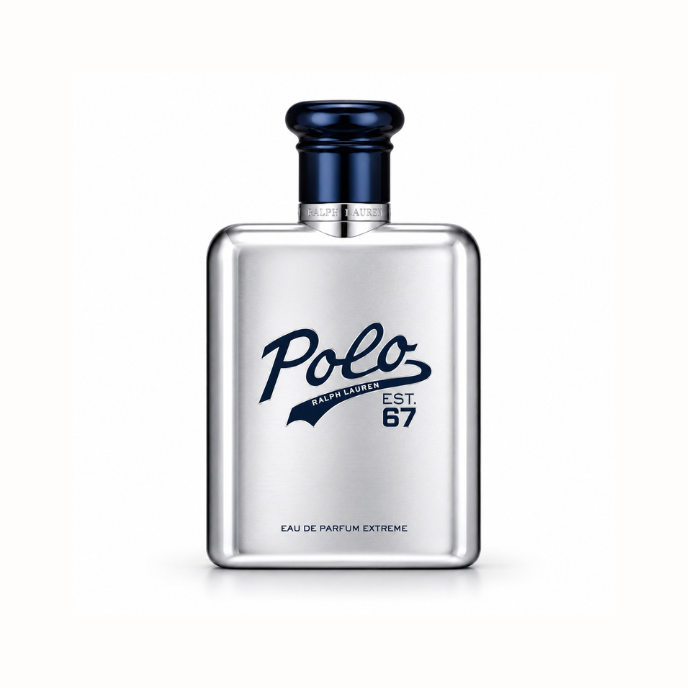 Ralph Lauren Polo 67 Eau de Parfum Extreme men's fragrance bottle with brushed silver finish and navy blue cap displayed on a clean white background