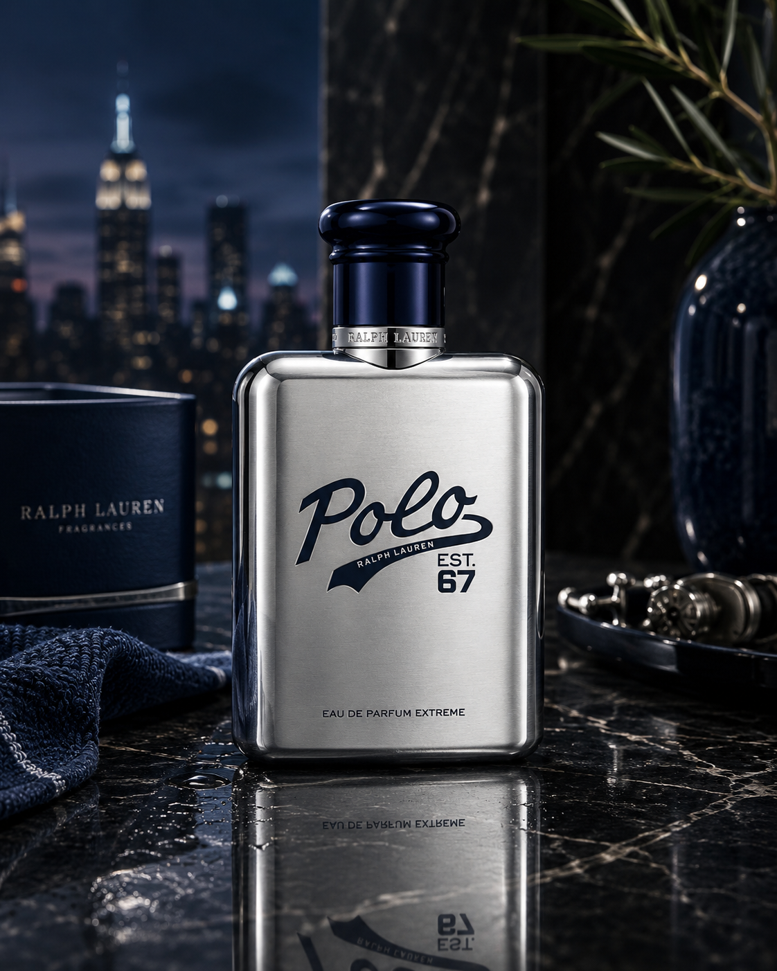 Ralph Lauren Polo 67 Eau de Parfum Extreme luxury men's fragrance displayed on a black marble vanity with navy accents, city skyline views, and sophisticated evening lighting
