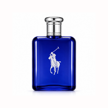 Ralph Lauren Polo Blue Eau de Toilette men's fragrance bottle with iconic cobalt blue glass and polished silver cap displayed on a clean white background