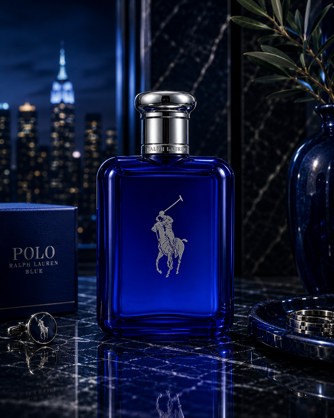 Ralph Lauren Polo Blue Eau de Toilette luxury men's fragrance displayed on a black marble vanity with navy blue accents, city skyline backdrop, and sophisticated evening lighting
