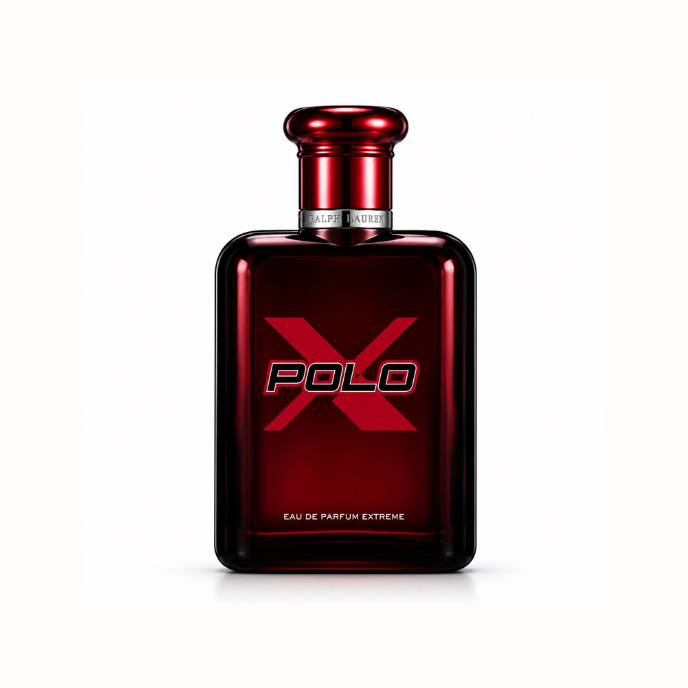 Ralph Lauren Polo Red Eau de Parfum Extreme men's fragrance bottle with deep red glass, bold Polo X logo, and metallic red cap displayed on a clean white background