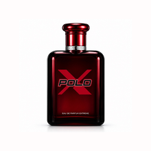 Ralph Lauren Polo Red Eau de Parfum Extreme men's fragrance bottle with deep red glass, bold Polo X logo, and metallic red cap displayed on a clean white background