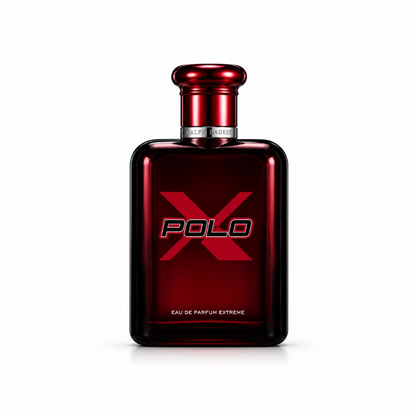 Ralph Lauren Polo Red Eau de Parfum Extreme men's fragrance bottle with deep red glass, bold Polo X logo, and metallic red cap displayed on a clean white background