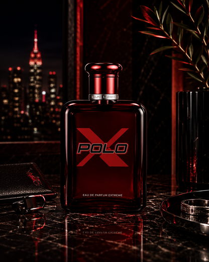 Ralph Lauren Polo Red Eau de Parfum Extreme luxury men's fragrance displayed on a black marble vanity with dramatic red lighting, city skyline backdrop, and premium masculine accessories