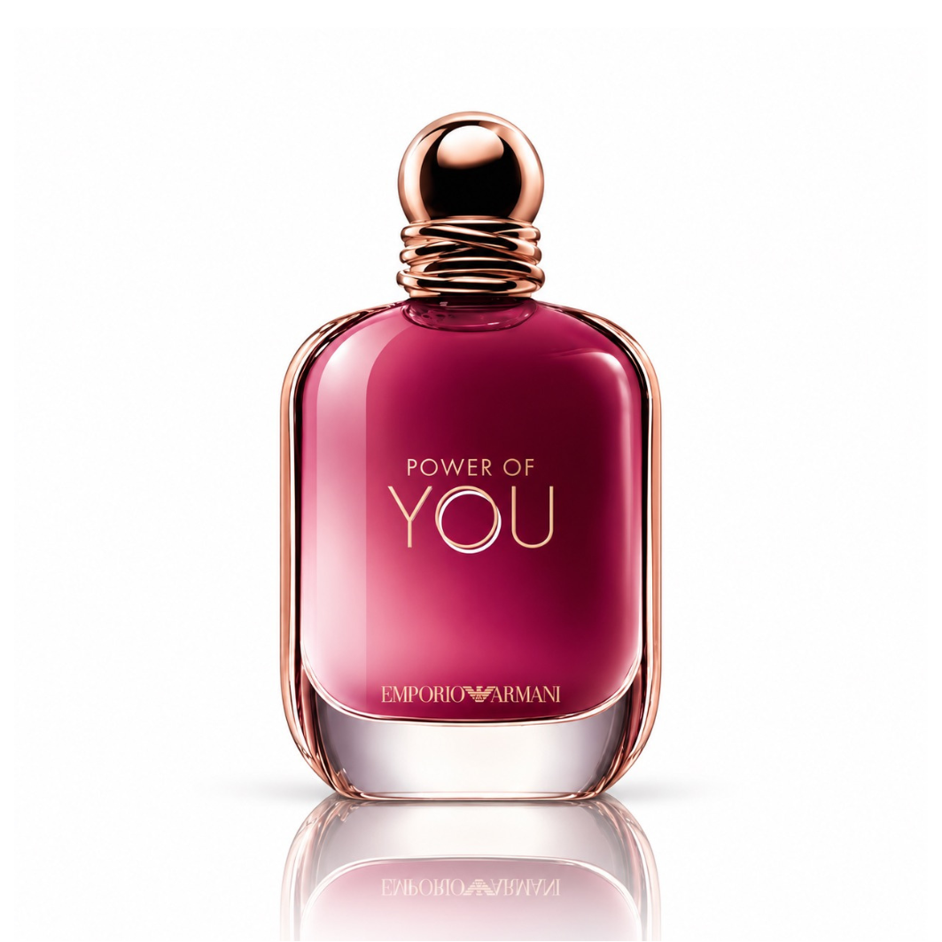 Emporio Armani Power of You Eau de Parfum women's fragrance bottle with deep ruby pink glass, rose gold spherical cap, metallic accents and gold lettering on white background