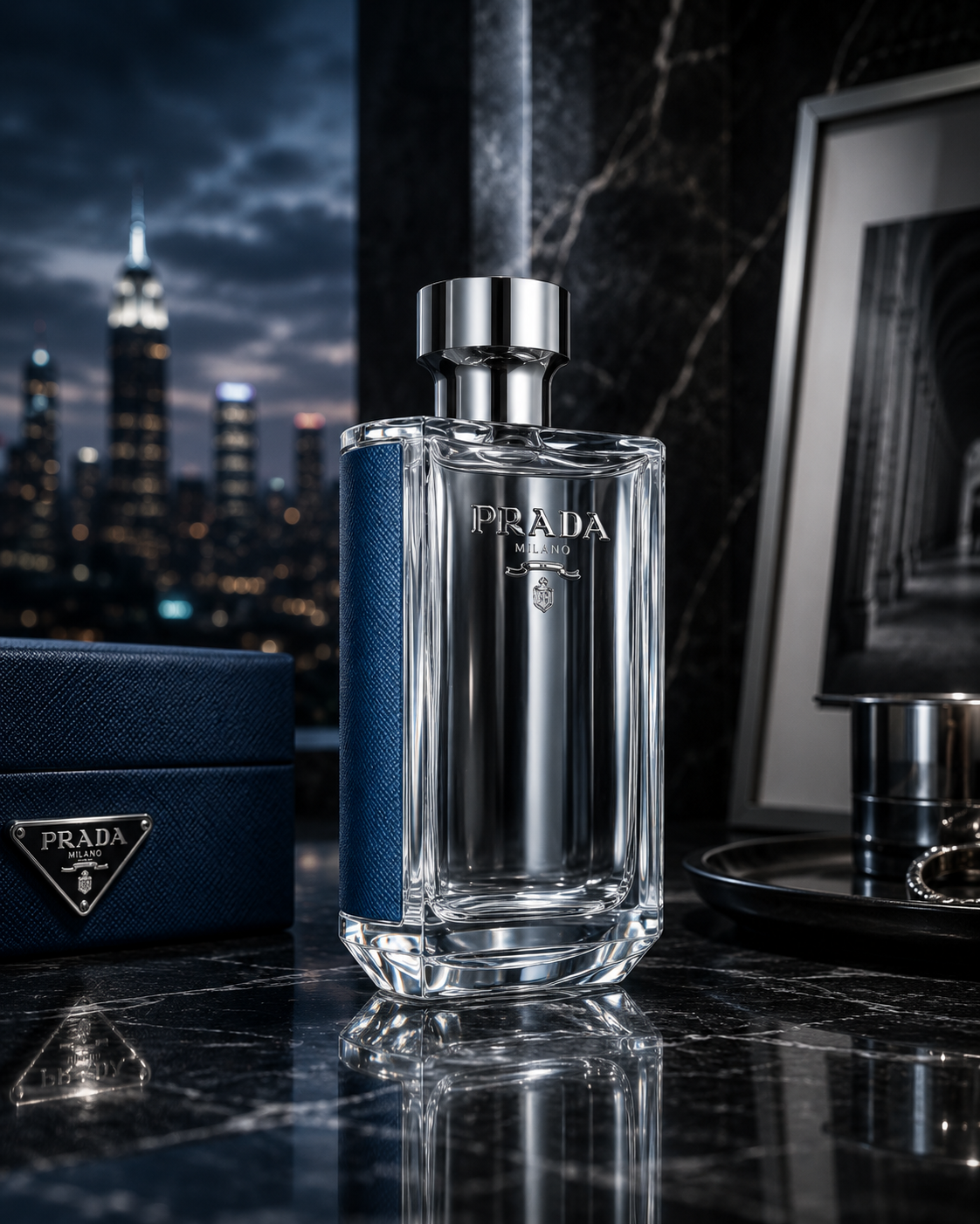 Prada L’Homme L’Eau EDT luxury fresh iris fragrance featuring neroli, ginger, amber, and cedarwood displayed in a sophisticated modern lifestyle setting