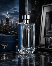 Prada L’Homme L’Eau EDT luxury fresh iris fragrance featuring neroli, ginger, amber, and cedarwood displayed in a sophisticated modern lifestyle setting