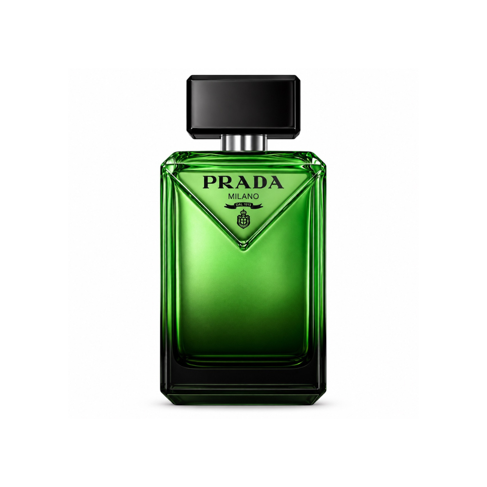 Prada Paradigme Eau de Parfum men's fragrance bottle with vivid green gradient glass and black cap on white background