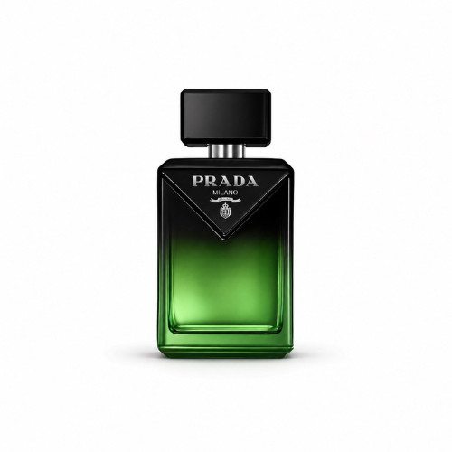 Prada Paradigme Le Parfum bottle on a clean white background, highlighting the modern luxury men's fragrance with its distinctive black and emerald green gradient bottle and minimalist Italian design