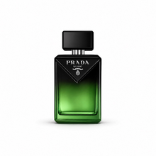 Prada Paradigme Le Parfum bottle on a clean white background, highlighting the modern luxury men's fragrance with its distinctive black and emerald green gradient bottle and minimalist Italian design