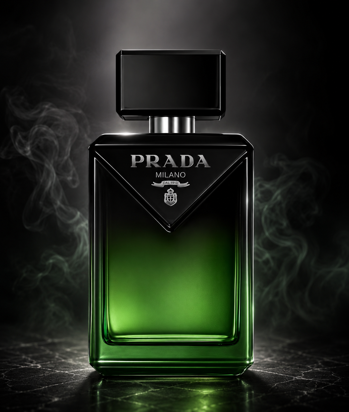 Prada Paradigme Le Parfum displayed on a polished black marble surface with soft fragrance mist and dramatic lighting, showcasing the bold black and green bottle in a luxurious modern setting that emphasizes its sophisticated woody amber character