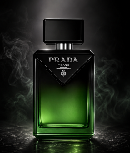 Prada Paradigme Le Parfum displayed on a polished black marble surface with soft fragrance mist and dramatic lighting, showcasing the bold black and green bottle in a luxurious modern setting that emphasizes its sophisticated woody amber character