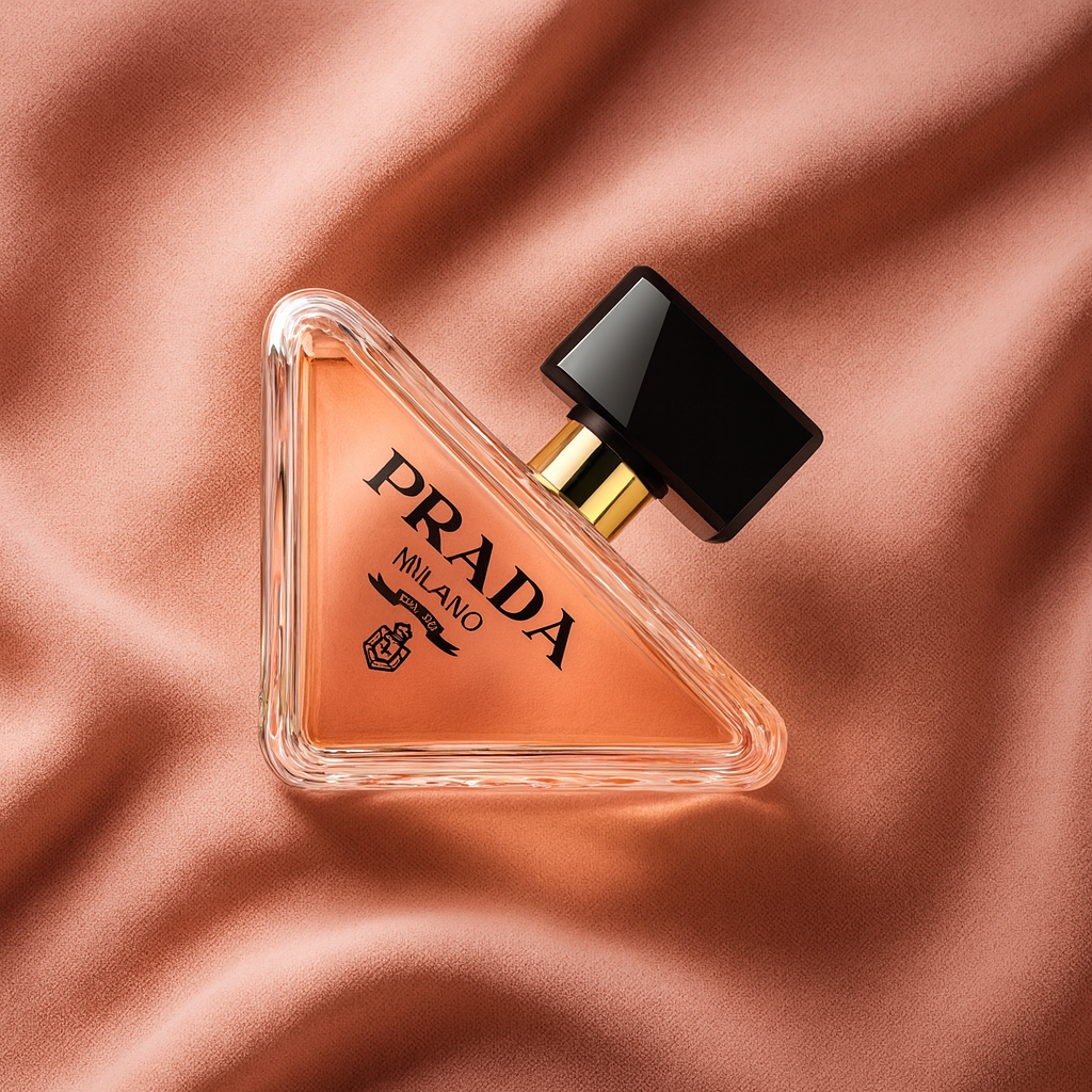 Prada Paradoxe Eau de Parfum triangular bottle with black cap placed on soft peach satin fabric background