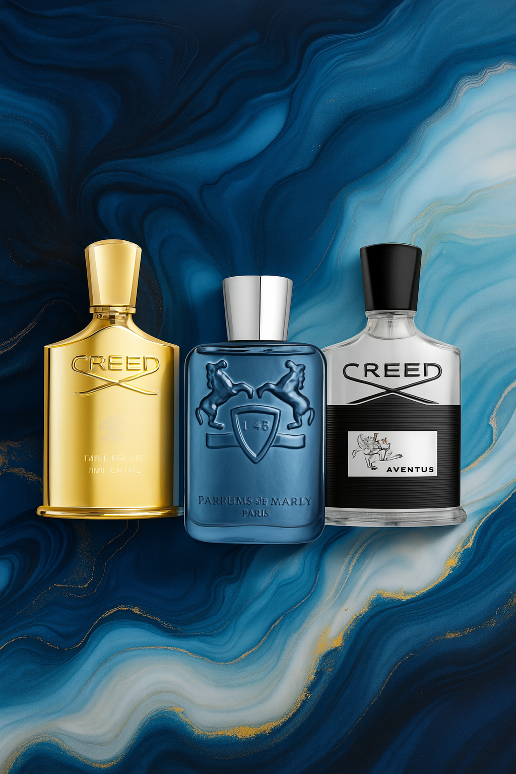 Creed Aventus, Creed Millesime Imperial, and Parfums de Marly Percival with blue splash background\