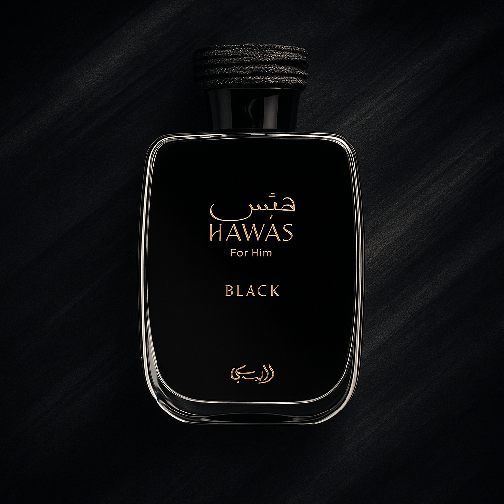 Rasasi Hawas Black Eau de Parfum bottle with black and gold design on a textured dark background