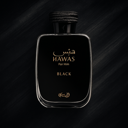 Rasasi Hawas Black Eau de Parfum bottle with black and gold design on a textured dark background