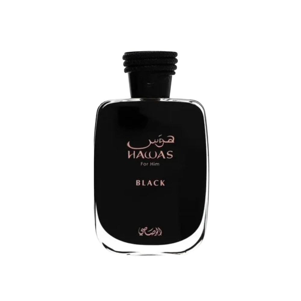Rasasi Hawas Black Eau de Parfum cologne bottle isolated on white background for product listing
