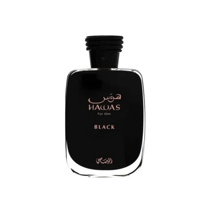 Rasasi Hawas Black Eau de Parfum cologne bottle isolated on white background for product listing
